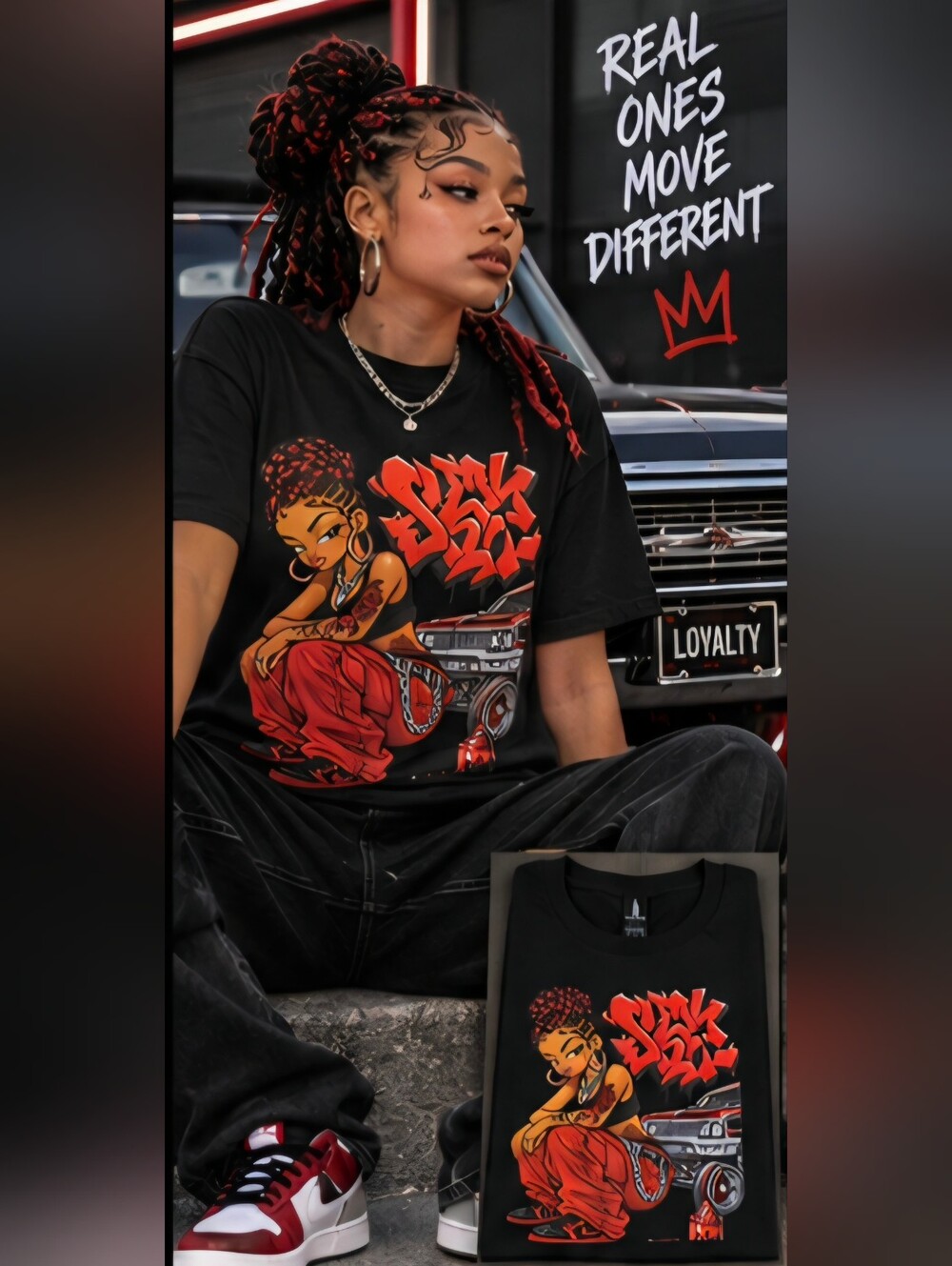 "Custom NWOT" Black Graphic Tee with Red Street Art Print - Men